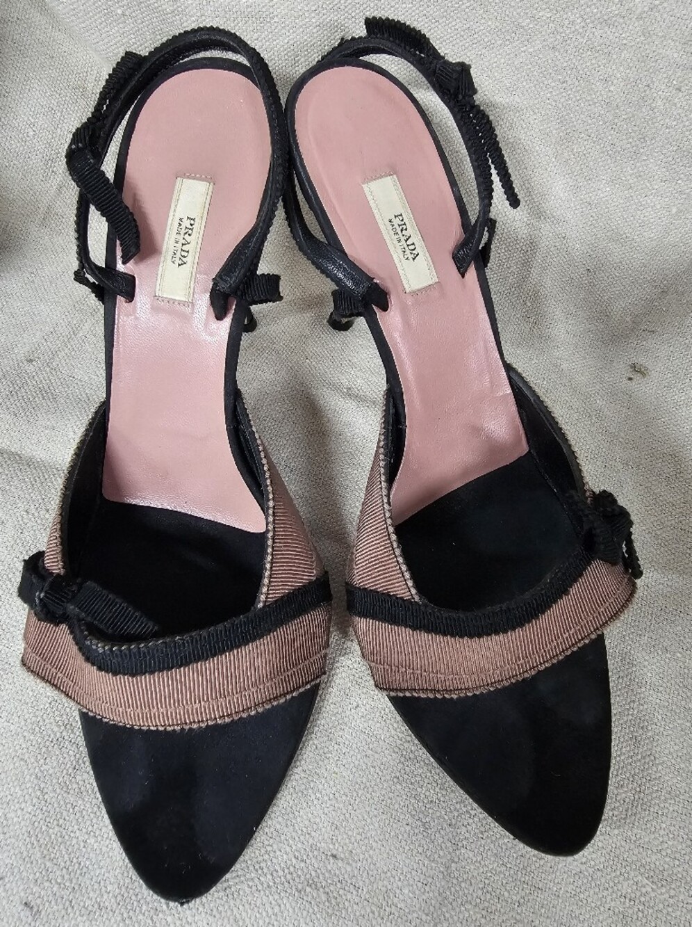 Vintage Prada Pink and Black Ribbon-Trim Heeled Sandals
